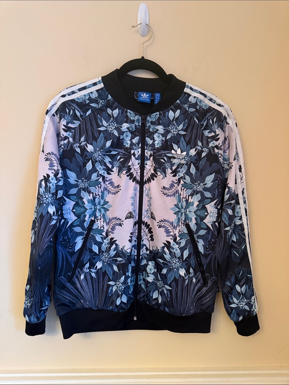 Adidas Floral Blue Zip-Up Bomber Jacket Size Large